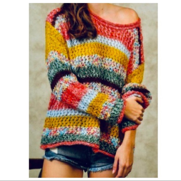MULTI COLOR BLOCK STRIPED BOHO CHIC SWEATER - Picture 7 of 8